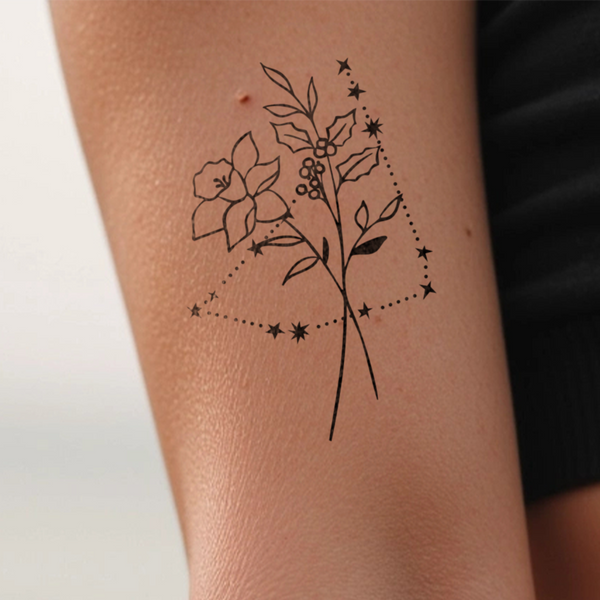 Tatuaje Combinado Flores de nacimiento y signos del zodíaco